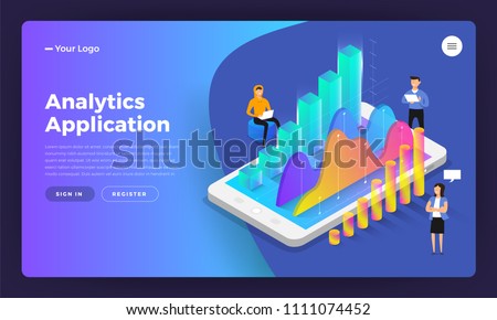 Mockup landing page website isometric design concept mobile application analytics tools. Vector illustrations.