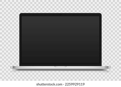 A mock-up laptop with a black matte screen on a transparent background. A realistic, modern laptop with a silver case. Vector illustration.