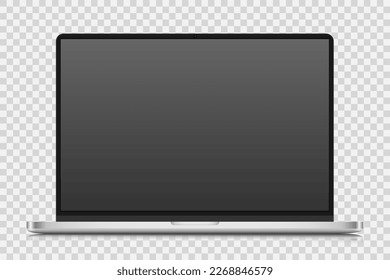 A mock-up laptop with a black matte screen on a transparent background. A realistic, modern laptop with a silver case. Vector eps 10.