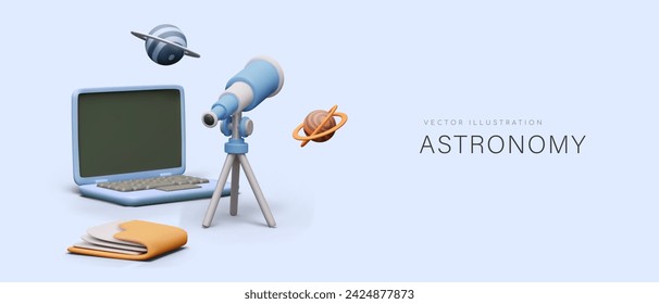 Mockup of laptop with blank screen, telescope on tripod, folder with notes