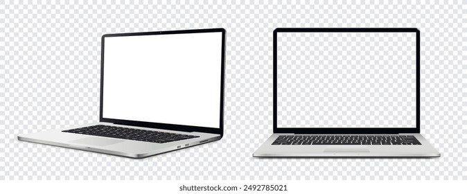 Mockup of laptop computer. Front and side view with white and empty screen on transparent background.