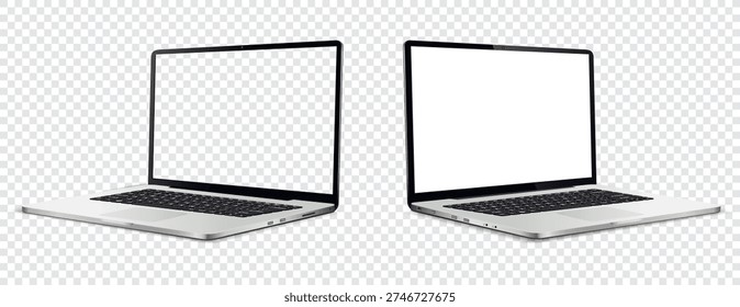 Mockup of laptop computer. Side view with white and empty screen on transparent background.