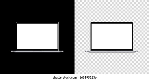 Mockup laptop empty screen front view on isolated and black background. Vector