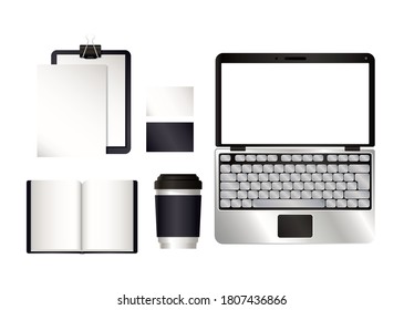 mockup laptop and set with black branding of corporate identity and stationery design theme Vector illustration