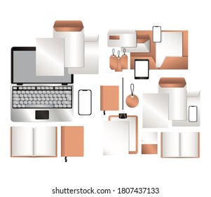 smartphone de la laptop de mockup para tablet y conjunto de identidad corporativa y diseño de papel Tema Ilustración vectorial