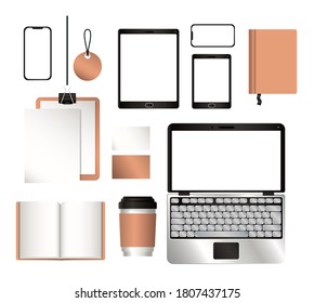 mockup laptop tablet smartphone and set of corporate identity and stationery design theme Vector illustration