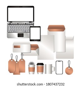 mockup laptop tablet smartphone and set of corporate identity and stationery design theme Vector illustration
