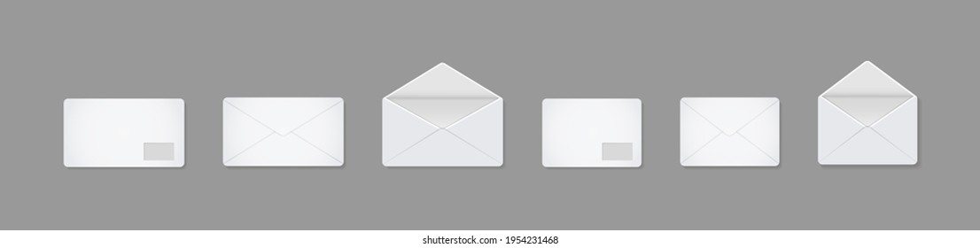 Mockup letter. Paper envelope for letter. White template of dl. Front and back view of envelope. Open and closed envelopes with shadow. Realistic card for mail, post and office. Blank mock up. Vector.