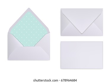 Mock-up Of Light Grey, White Or Silver Envelope. Front View, Closed And Opened Back Side. Triangle Flip, Textured Paper Inside. 3D Realistic Vector Illustration.