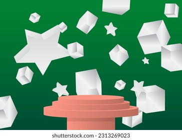 Mocken Sie die Produktanzeige für hellrotes, grünes und weißes Produkt an. Abstrakte minimale geometrische Formen, Zylinder Podium. Futuristische 3D-Stage-Showcase. Vector Sci-fi leere Szene für die Präsentation.