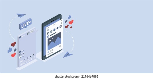 The mockup is live streaming. Mobile live stream application for two users. Vector illustration. Live broadcast template.