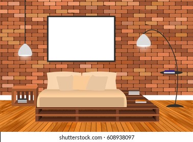 Mockup living room interior in hipster style with empty frame, bed, lamps and brick wall. Vector illustration