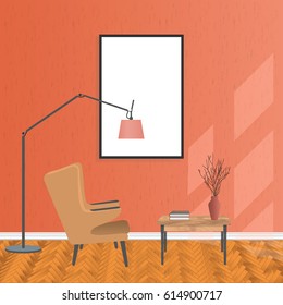 Mockup living room interior in hipster style with empty frame, armchair and table. Loft dwelling design. Vector illustration.