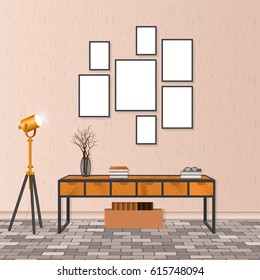 Mockup living room interior in hipster style with empty frames, bureau, lamp, brick flooring and concrete wall. Loft design concept. Vector illustration.