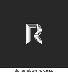 Mockup logo R letter monogram thin lines style, graphic design element business card emblem or initial wedding invitation, black and white geometric shape