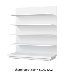 Mockup Long Blank Empty Showcase Display With Retail Shelves. Perspective View 3D. Illustration Isolated On White Background. Mock Up Template Ready For Your Design. Product Advertising. Vector EPS10