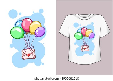 Mockup love letter with balloons cartoon illustration