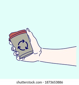 Mockup Of Male Hand Holding A Coffee Paper Cup Recycle.  Hand Drawn In Thin Line Style, Vector Illustration.