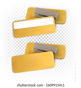 Mockup of metallic gold badge for corporate companies, person identification. Rectangular badge on a magnet with a frame and without a frame for signature. Vector template isolated on white background