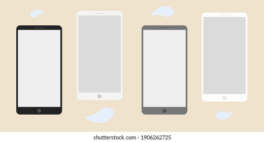 Mockup of minimal flat phones on modern background with drops. Smartphone frame with blank screen. Four mobiles for promo, social media, app, ad.  Vector illustration