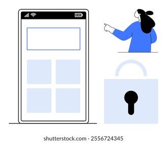Mockup of a mobile app interface, a person pointing, and a lock symbol. Ideal for technology, user interface design, mobile apps, security, and modern design. Clean and minimalist style