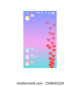 Mockup of mobile app with like live streaming. Interface photo frame design social media application network post template with flying red colored hearts. Vector illustration for video chat, ui, web.