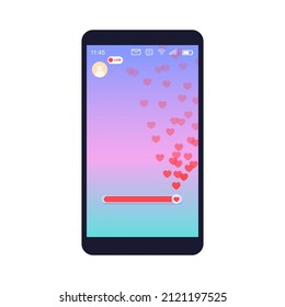 Mockup of mobile app with like slider live streaming. Interface photo frame design social media application network post template with flying multicolored hearts. Vector illustration for video chat