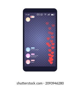 Mockup of mobile app with live like streaming. Interface photo frame design social media application network post template with flying red hearts. Vector illustration for video chat, ui, web.