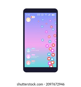 Mockup of mobile app with live like streaming. Interface photo frame design social media application network post template with flying multicolored hearts. Vector illustration for video chat, ui, web.