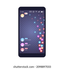 Mockup of mobile app with live like streaming. Interface photo frame design social media application network post template with flying multicolored hearts. Vector illustration for video chat, ui, web.