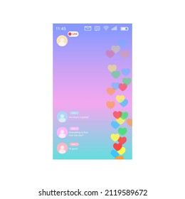 Mockup of mobile app with live like streaming. Interface photo frame design social media application network post template with flying multicolored hearts. Vector illustration for video chat, ui, web.