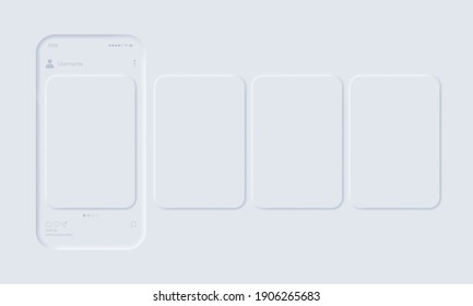 Mockup Of The Mobile App With Open Photo Social Network. Mock Up, Template. Social Network Post. Interface Carousel. Photo Gallery. Neumorphic UI UX White User Interface. Neumorphism.