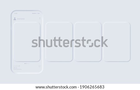 Mockup of the mobile app with open photo social network. Mock up, template. Social network post. Interface carousel. Photo gallery. Neumorphic UI UX white user interface. Neumorphism.