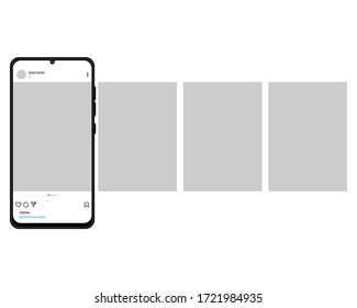 Das Modell der mobilen Anwendung auf dem Bildschirm eines realistischen Smartphones. Smartphone mit Karussell-Interface-Post im sozialen Netzwerk, einzeln auf weißem Hintergrund. Vektor EPS10