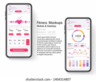 Mockup for mobile fitness app with menu reviews, charts, statistics. Different UI, UX, GUI screens fitness app and flat web icons for mobile apps, responsive website including.Fitness interface design