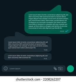 Mockup Of Mobile Messenger, Whatsapp Chat In Dark Mode. Modern Design. Vector Illustration. EPS10. Facebook. Line. We Chat. WeChat. Iphone Chat. IMessage. Twitter Tweet. Instagram.