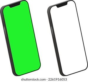 Geh nach oben. Mobiltelefon mit weißem Hintergrund. Smartphone. Draufsicht, Kopienraum. Grüner Bildschirm. Modelle