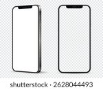 Mockup of mobile phone. Front and side view with white and empty screen on transparent background.