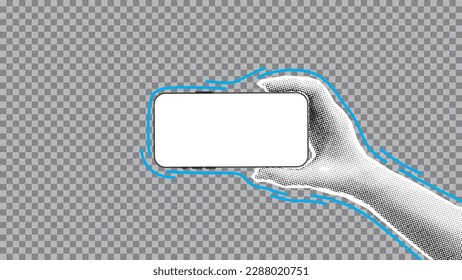 Mockup of mobile phone in hand. Vector illustration with hand holding phone with blank display isolated on checkered background.  Paper cut out element for decoration of banners and posters.