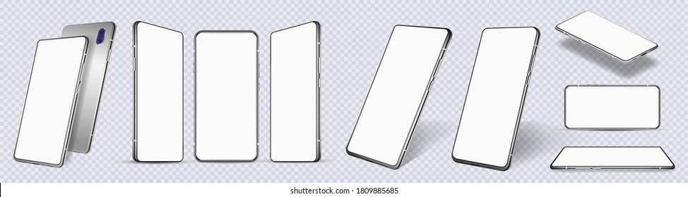 Mockup mobile phones at different angles. Smartphones isolated on white background with blank screen display. Template cellphone for show UI, UX, APP. Presentation smartphones mockup. Vector set