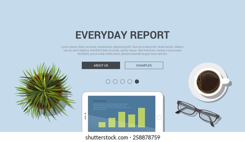 Mockup modern flat design vector illustration concept for everyday report. Tablet office plant glasses coffee cup. Web banner promotional materials template collection.
