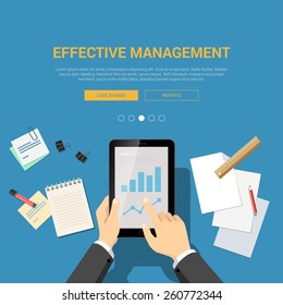 Mockup modern flat design vector illustration concept for effective management hands on touch screen tablet report case study. Web banner promotional materials template collection.