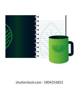 mockup mug and notebook with sign of green company, corporate identity vector illustration design