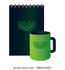 mockup mug and notebook with sign of green company, corporate identity vector illustration design