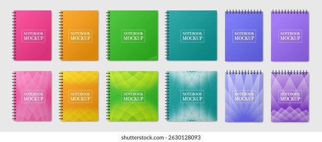 Mockup of multicolored notebooks with spiral. A5 and square format. Shiny metal binder clip. Mockup of a small book, diary, notepad. Pink, orange, green, teal, blue and purple abstract patterns