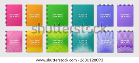 Mockup of multicolored notebooks with spiral. A5 and square format. Shiny metal binder clip. Mockup of a small book, diary, notepad. Pink, orange, green, teal, blue and purple abstract patterns