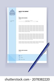 Mockup. Non-existent document. Arrangement of information on a sheet. Official letter. Corporate style. Document with a pen. 