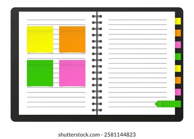 Mockup of a notebook with black cover, spiral, square stickers and bookmarks. Stick in notes. Green, yellow, pink and orange colors. Tag, sticky note. Pointed bookmarks	