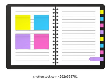 Mockup of a notebook with black cover, spiral, square stickers and bookmarks. Stick in notes. Blue, yellow, pink and purple colors. Tag, sticky note. Pointed bookmarks