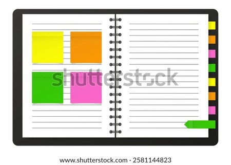 Mockup of a notebook with black cover, spiral, square stickers and bookmarks. Stick in notes. Green, yellow, pink and orange colors. Tag, sticky note. Pointed bookmarks	